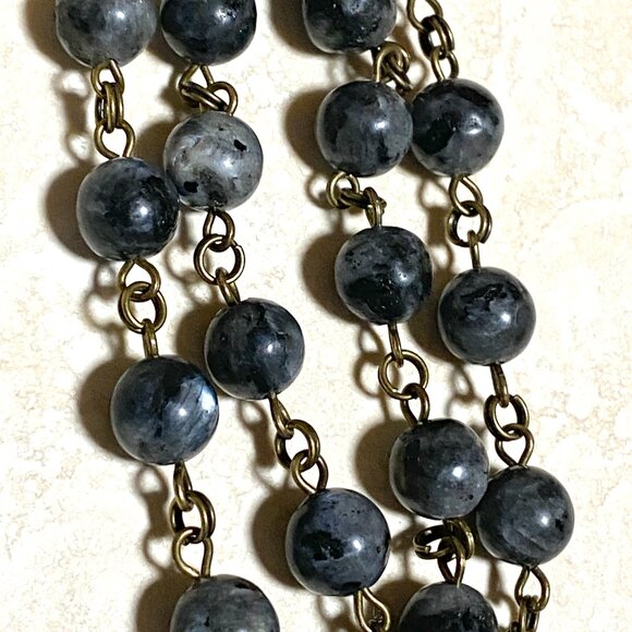 Natural Dark Larvikite Necklace, Bronze Fortune Cat + Genuine Gemstone Choker - Picture 8 of 14